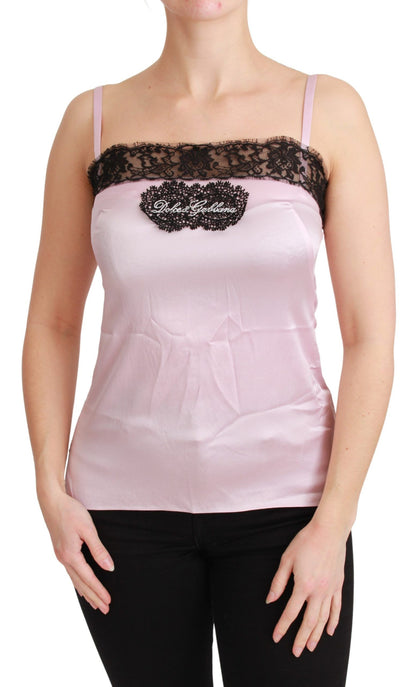 Dolce &amp; Gabbana Seidenoberteil mit schwarzer Spitze und rosa Tanktop-Bluse