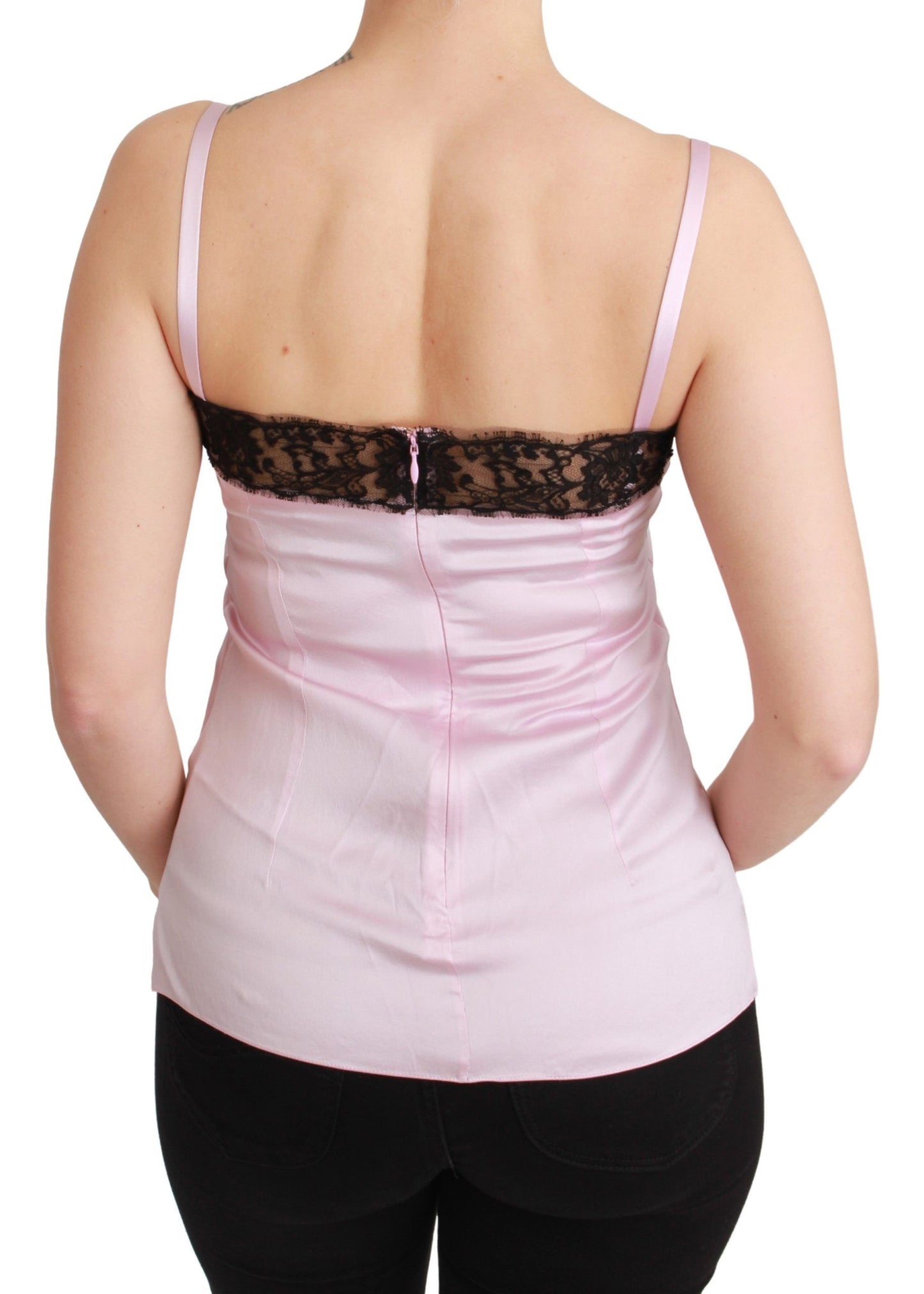 Dolce &amp; Gabbana Seidenoberteil mit schwarzer Spitze und rosa Tanktop-Bluse