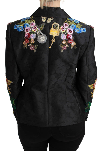 Dolce &amp; Gabbana – Schwarze Blazerjacke aus Brokat mit Kristallen
