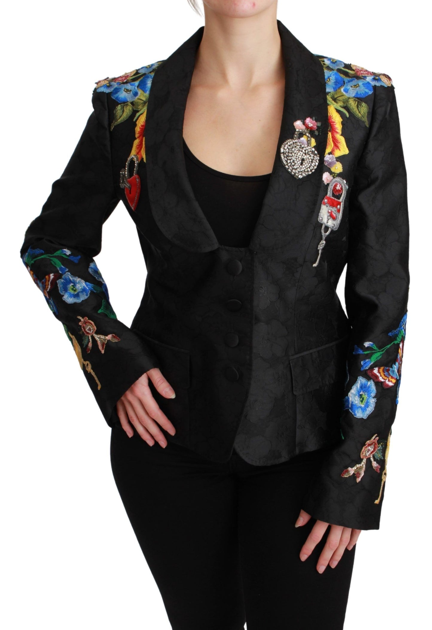 Dolce &amp; Gabbana – Schwarze Blazerjacke aus Brokat mit Kristallen