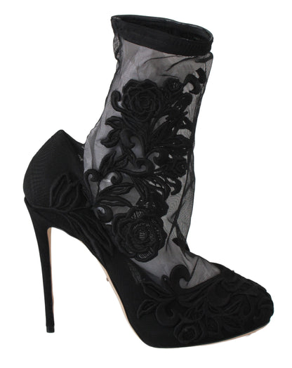 Dolce &amp; Gabbana Schwarze Rosen Stilettos Booties Socken Schuhe