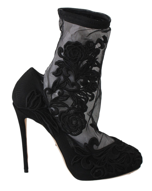 Dolce &amp; Gabbana Schwarze Rosen Stilettos Booties Socken Schuhe