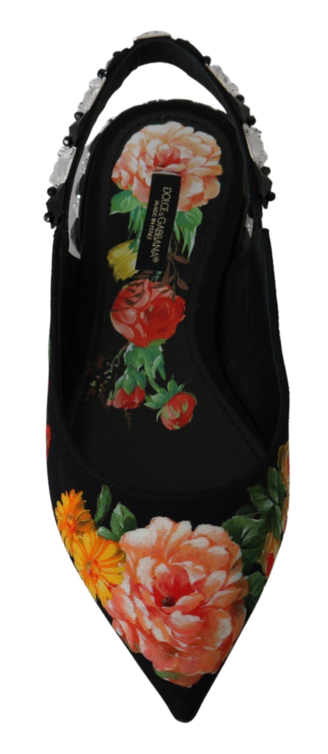 Dolce &amp; Gabbana – Schwarze Slingback-Schuhe mit Blumenmuster und Kristallen