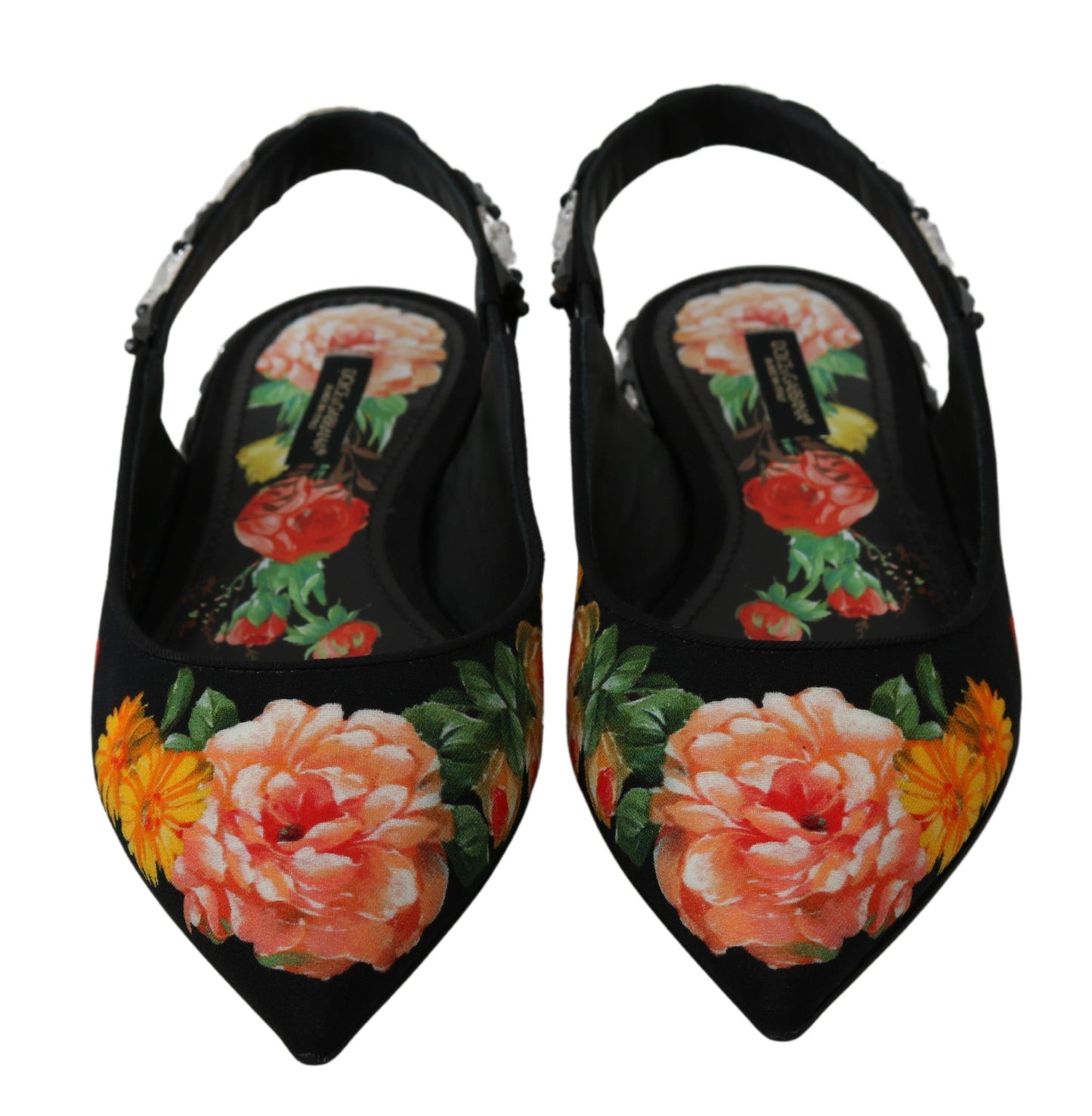 Dolce &amp; Gabbana – Schwarze Slingback-Schuhe mit Blumenmuster und Kristallen