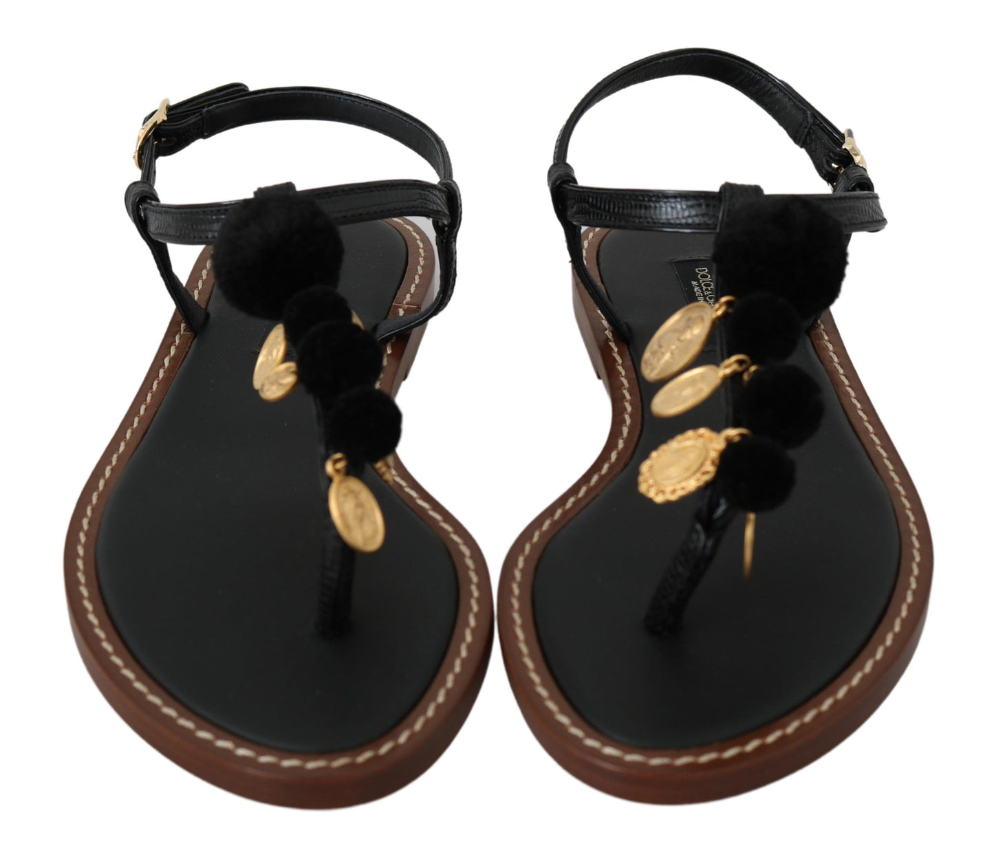 Dolce &amp; Gabbana Schwarze Ledermünzen Flip-Flops Sandalen Schuhe