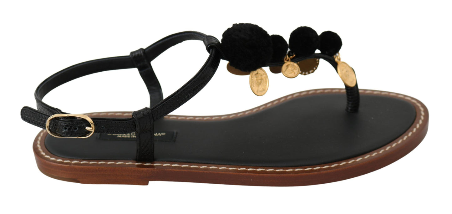 Dolce &amp; Gabbana Schwarze Ledermünzen Flip-Flops Sandalen Schuhe
