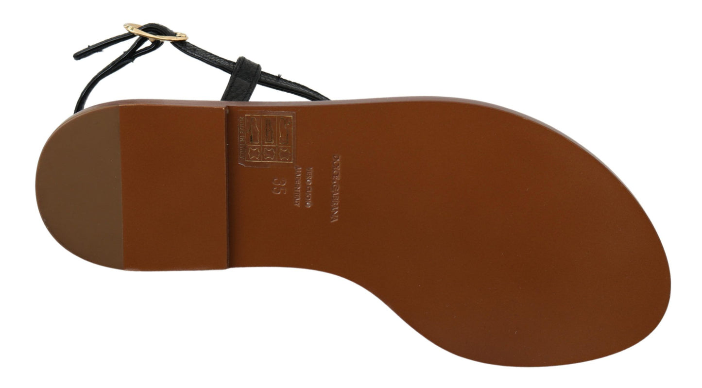 Dolce &amp; Gabbana Schwarze Ledermünzen Flip-Flops Sandalen Schuhe