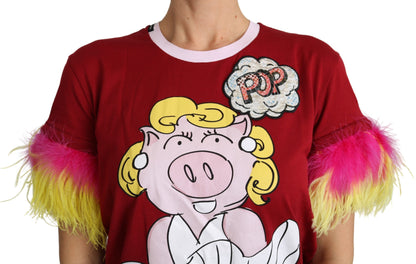 Dolce &amp; Gabbana – T-Shirt-Oberteil mit rotem Schweine-Print und Federärmeln