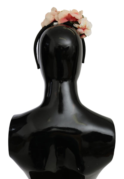 Dolce &amp; Gabbana Rosa Seiden-Stirnband mit schwarzem Blumenmuster und Logo-Diadem