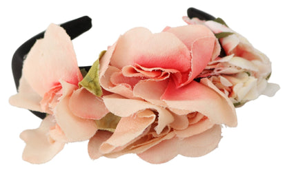 Dolce &amp; Gabbana Rosa Seiden-Stirnband mit schwarzem Blumenmuster und Logo-Diadem