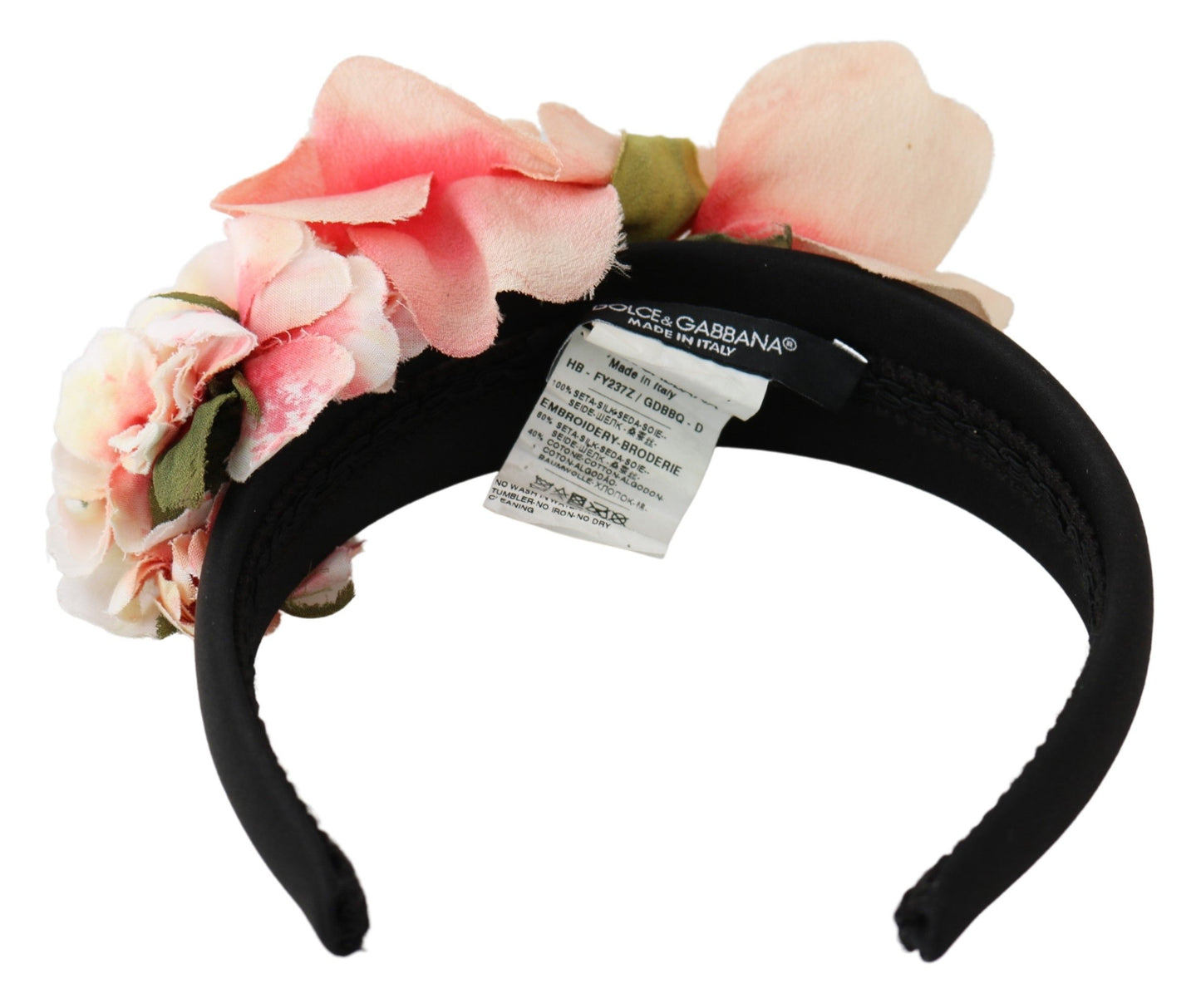 Dolce &amp; Gabbana Rosa Seiden-Stirnband mit schwarzem Blumenmuster und Logo-Diadem