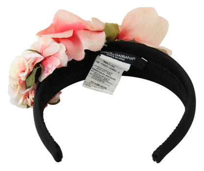 Dolce &amp; Gabbana Rosa Seiden-Stirnband mit schwarzem Blumenmuster und Logo-Diadem