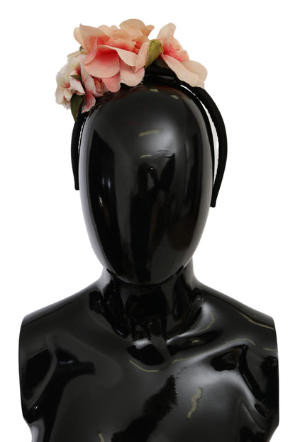 Dolce &amp; Gabbana Rosa Seiden-Stirnband mit schwarzem Blumenmuster und Logo-Diadem