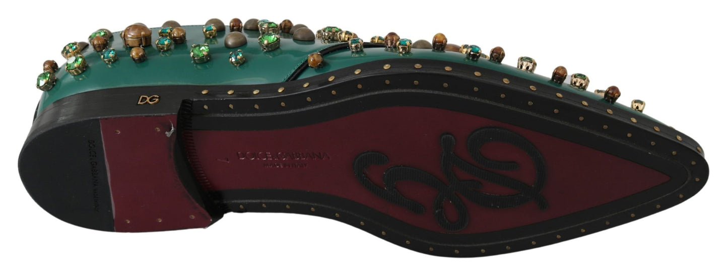 Dolce &amp; Gabbana Grüne Broque-Schuhe aus Leder mit Kristallen