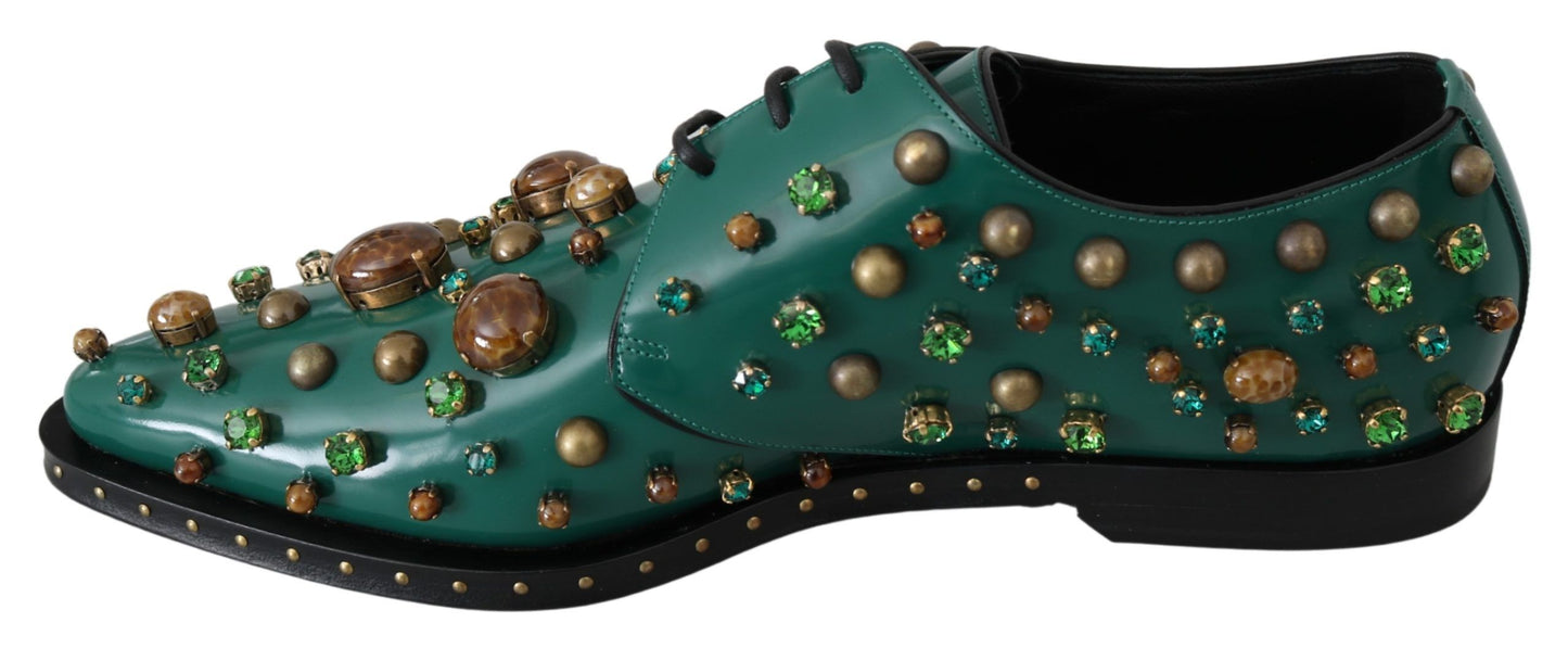 Dolce &amp; Gabbana Grüne Broque-Schuhe aus Leder mit Kristallen