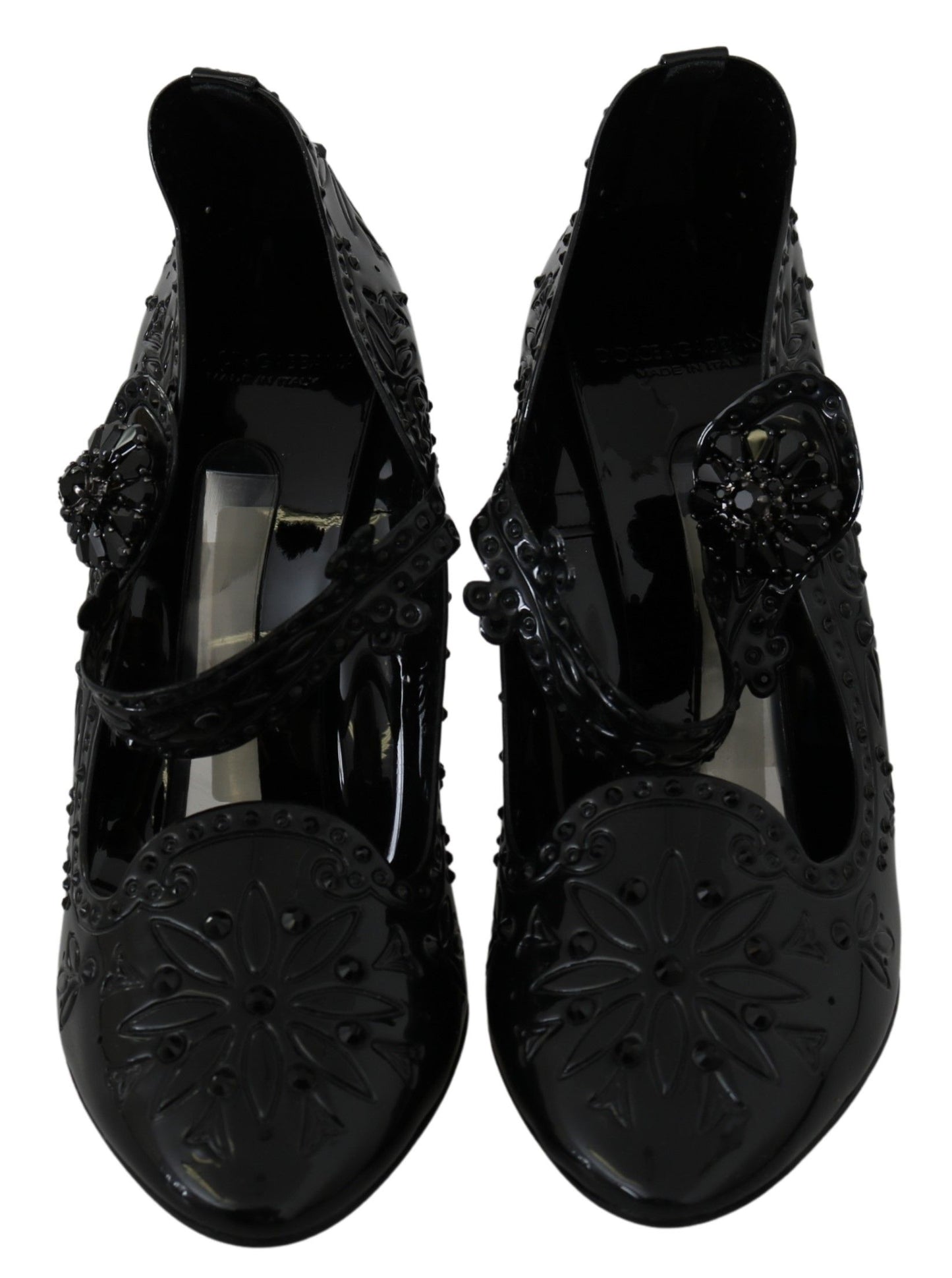 Dolce &amp; Gabbana Schwarze CINDERELLA-Heels mit Blumen- und Kristallverzierung