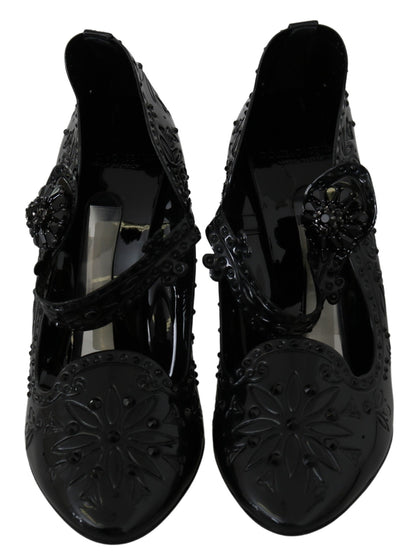 Dolce &amp; Gabbana Schwarze CINDERELLA-Heels mit Blumen- und Kristallverzierung