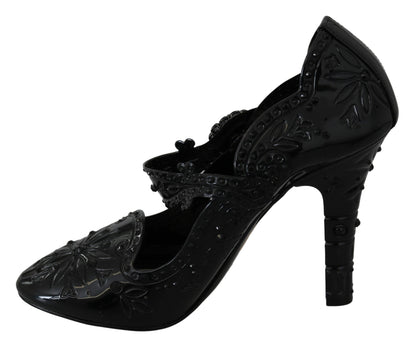 Dolce &amp; Gabbana Schwarze CINDERELLA-Heels mit Blumen- und Kristallverzierung