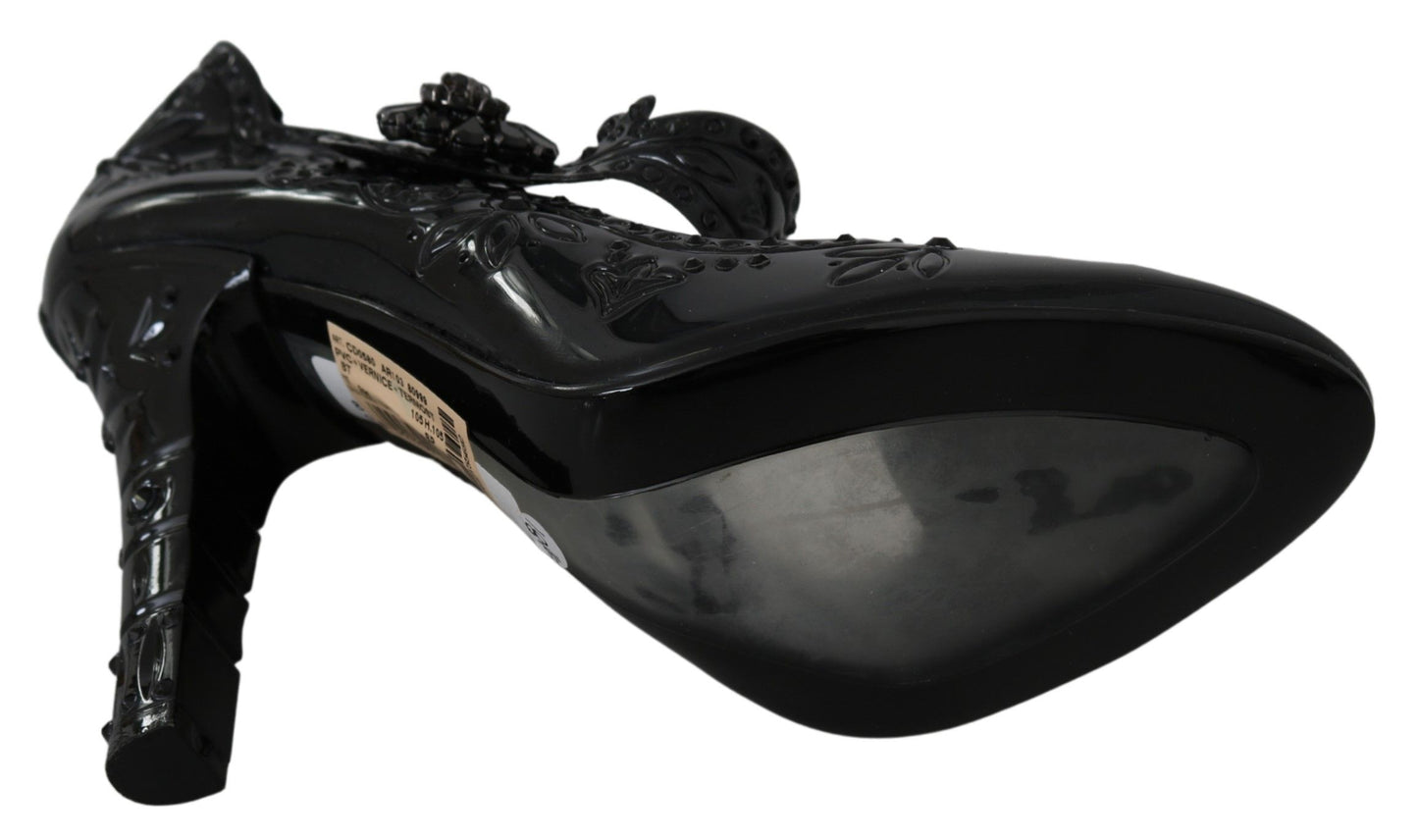 Dolce &amp; Gabbana Schwarze CINDERELLA-Heels mit Blumen- und Kristallverzierung