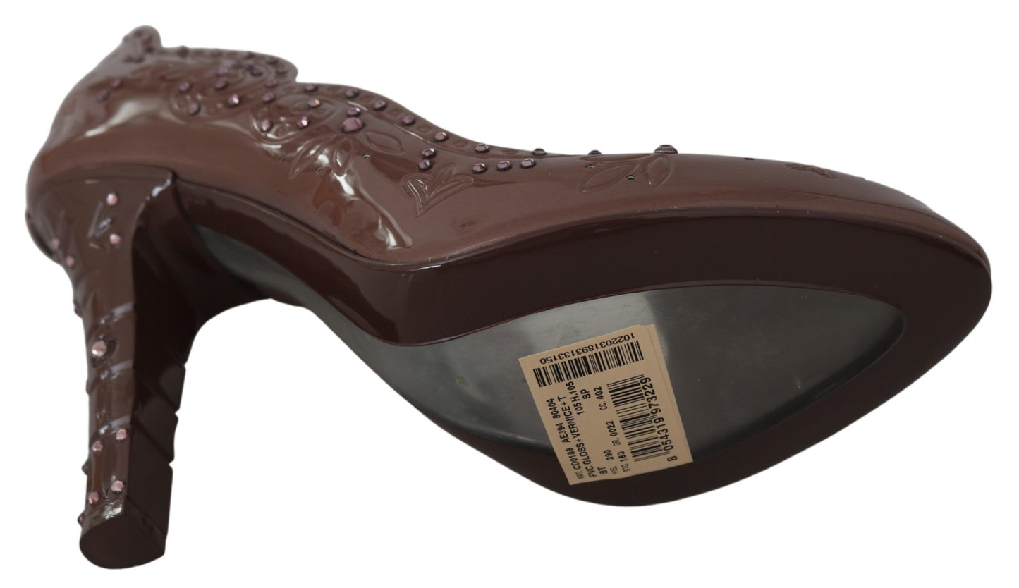 Dolce &amp; Gabbana Braune Blumenkristall-Heels CINDERELLA-Schuhe