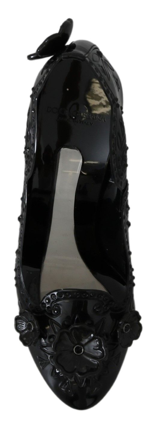 Dolce &amp; Gabbana Schwarze CINDERELLA-Heels mit Blumen- und Kristallverzierung