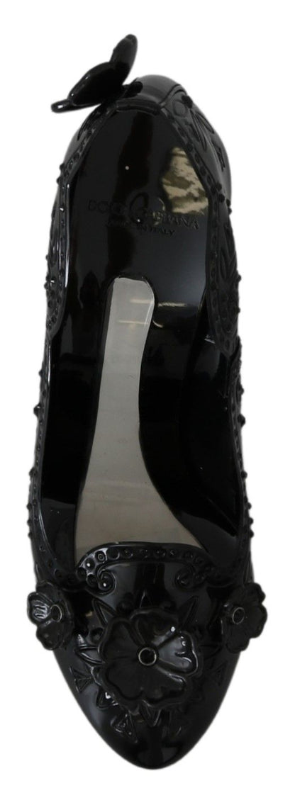 Dolce &amp; Gabbana Schwarze CINDERELLA-Heels mit Blumen- und Kristallverzierung
