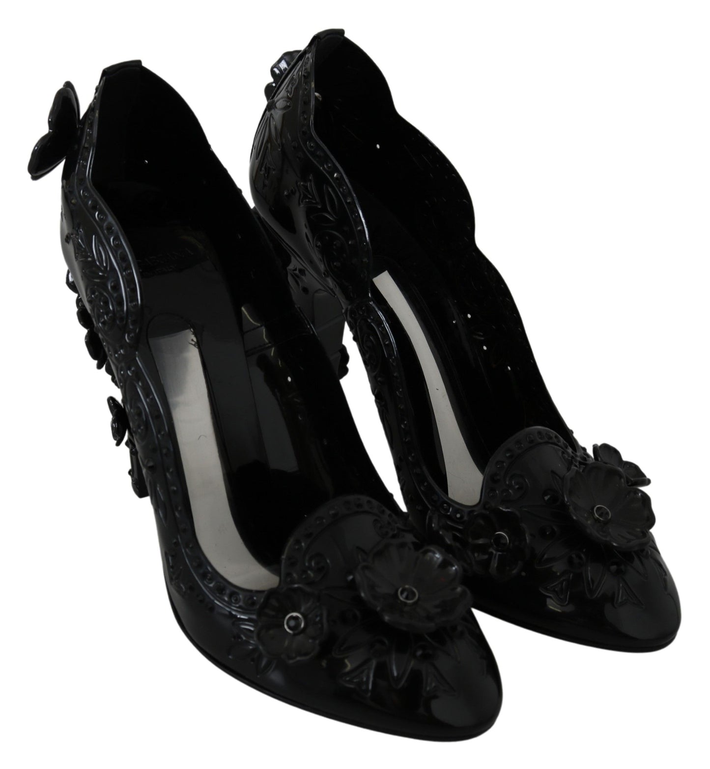 Dolce &amp; Gabbana Schwarze CINDERELLA-Heels mit Blumen- und Kristallverzierung
