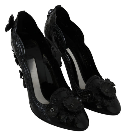 Dolce &amp; Gabbana Schwarze CINDERELLA-Heels mit Blumen- und Kristallverzierung