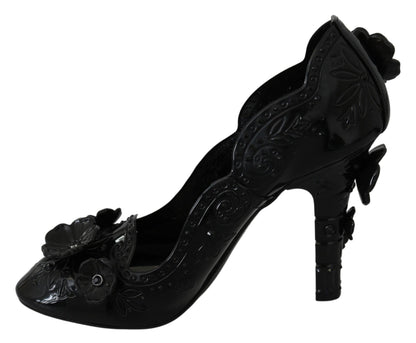 Dolce &amp; Gabbana Schwarze CINDERELLA-Heels mit Blumen- und Kristallverzierung