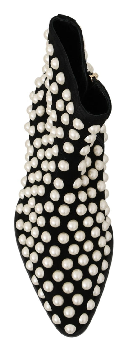 Dolce &amp; Gabbana – Stiefel aus schwarzem Wildleder mit Perlennieten