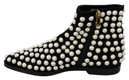 Dolce &amp; Gabbana – Stiefel aus schwarzem Wildleder mit Perlennieten