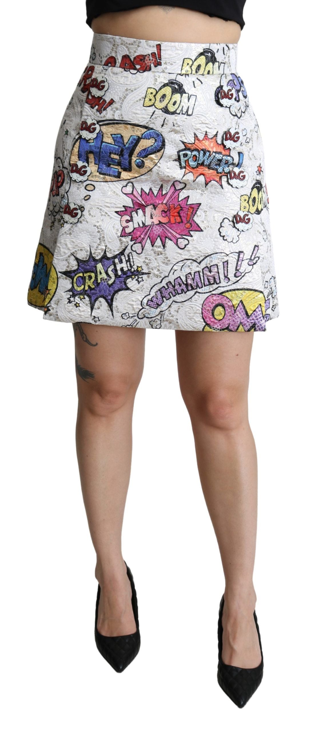 Dolce &amp; Gabbana – Weißer A-Linien-Rock aus Brokat mit Cartoon-Muster und hoher Taille