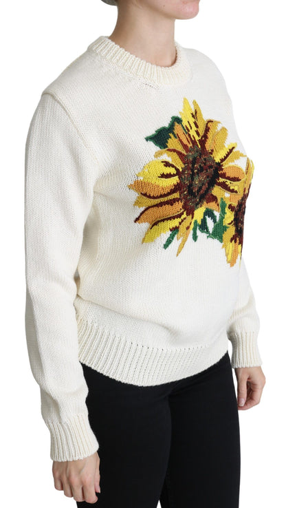 Dolce &amp; Gabbana – Weißer Wollpullover mit Blumenmuster und Sonnenblumenmuster