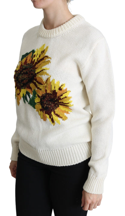 Dolce &amp; Gabbana – Weißer Wollpullover mit Blumenmuster und Sonnenblumenmuster