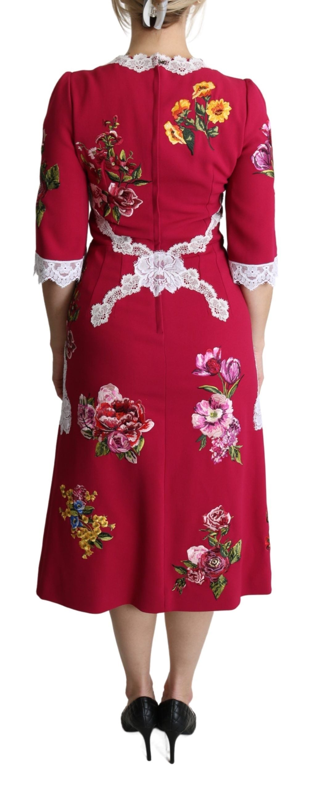 Dolce &amp; Gabbana – Rotes Midi-Etuikleid mit Blumenstickerei