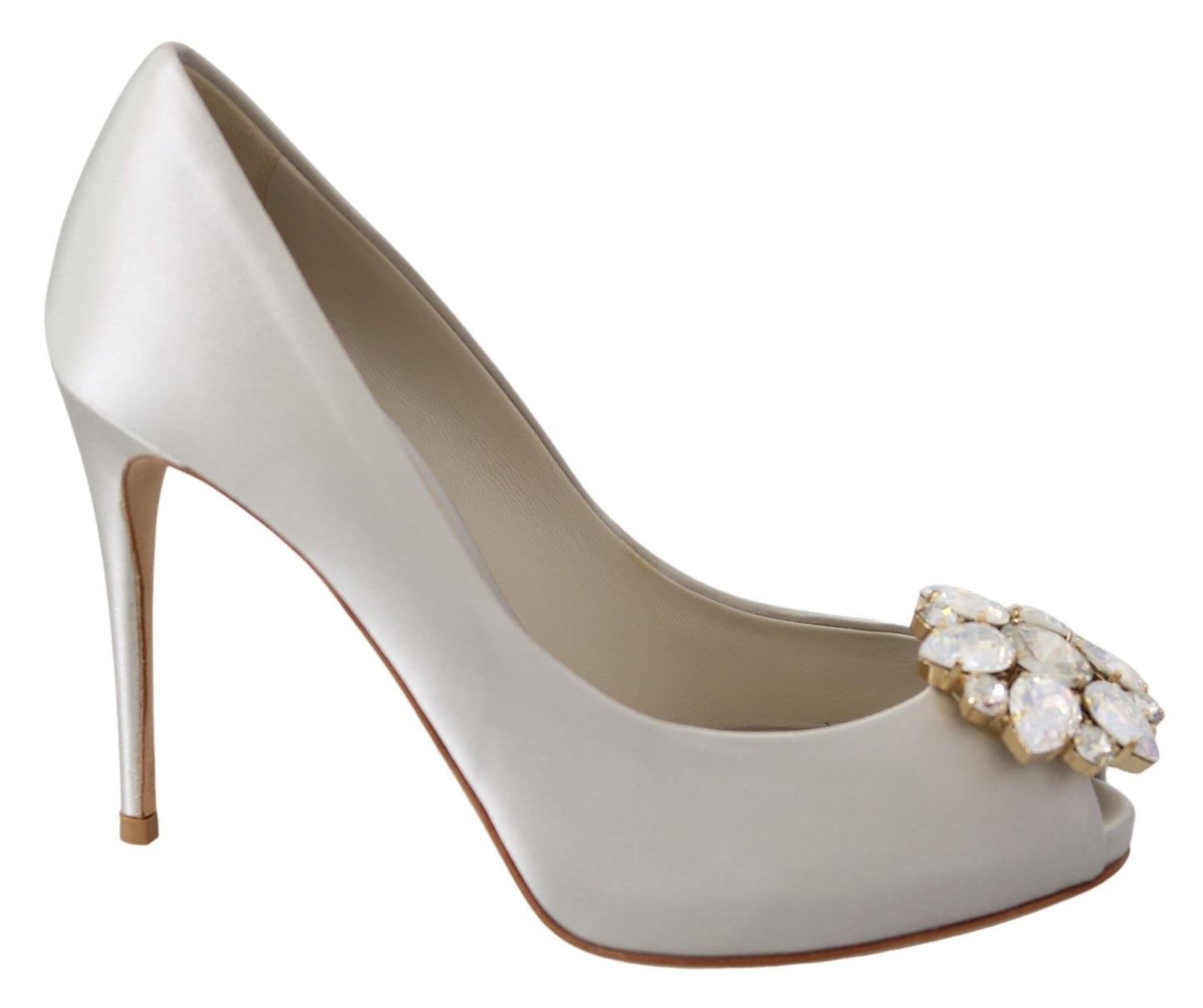 Dolce &amp; Gabbana Weiße Kristalle Peep Toe Heels Satin Pumps Schuhe