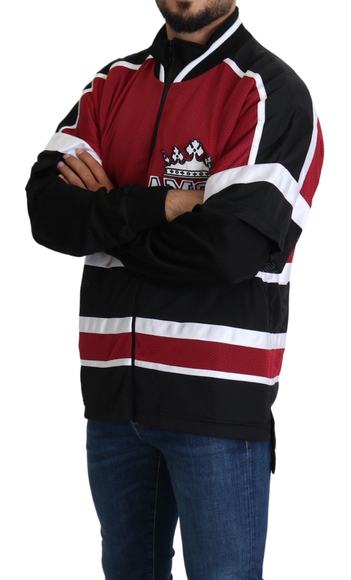 Dolce &amp; Gabbana Rot-Schwarzer AMORE Sport-Pullover mit durchgehendem Reißverschluss