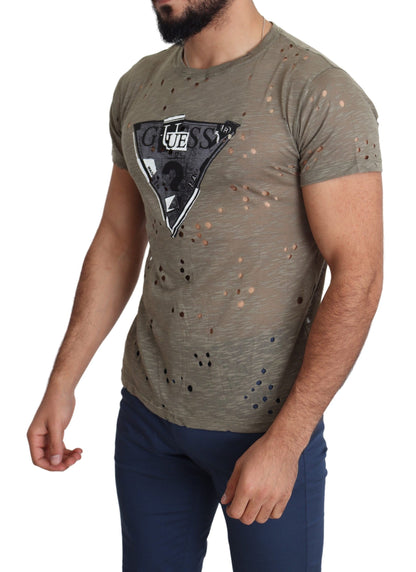 Guess – Lässiges, perforiertes T-Shirt aus Baumwollstretch mit Logo-Print für Herren in Braun
