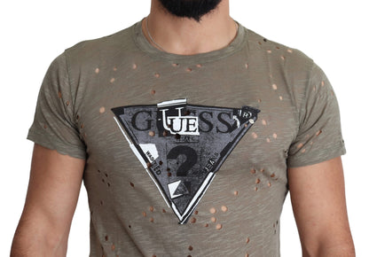 Guess – Lässiges, perforiertes T-Shirt aus Baumwollstretch mit Logo-Print für Herren in Braun