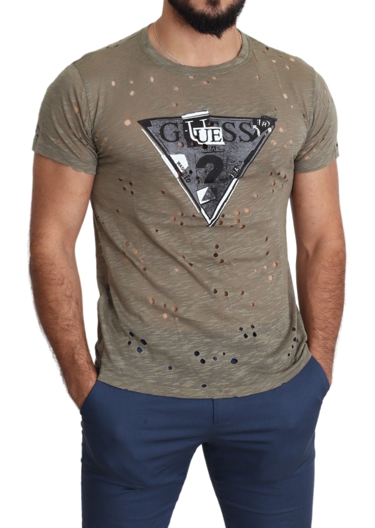 Guess – Lässiges, perforiertes T-Shirt aus Baumwollstretch mit Logo-Print für Herren in Braun