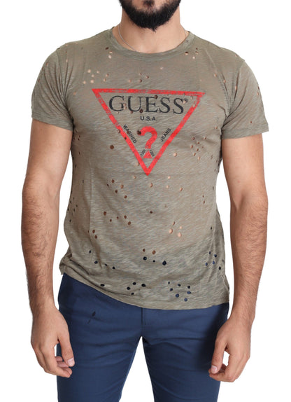 Guess – Lässiges, perforiertes T-Shirt aus Baumwollstretch mit Logo-Print für Herren in Braun