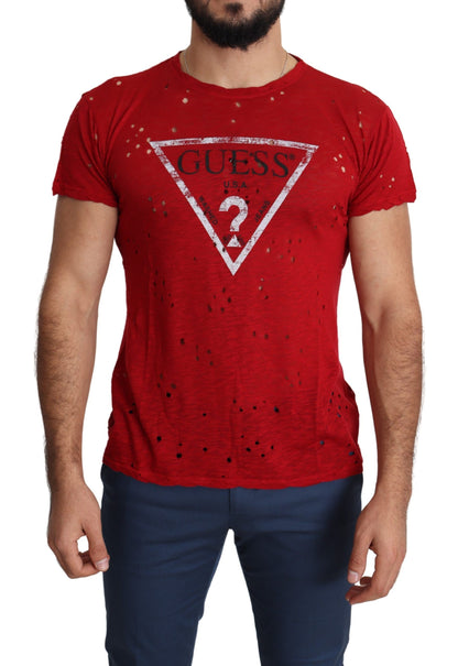 Guess – Rotes, perforiertes T-Shirt aus Baumwolle mit Logo-Print für Herren