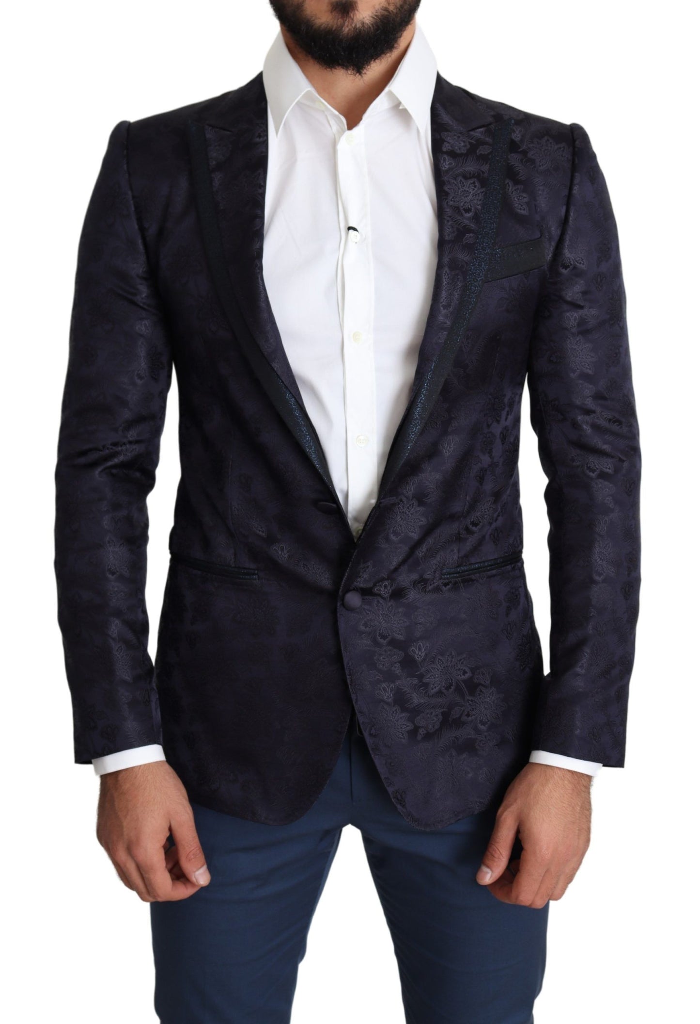 Dolce &amp; Gabbana Blauer Jacquard-Seidenmantel mit Blumenmuster MARTINI Blazer