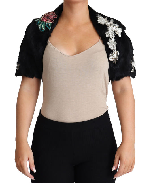 Dolce &amp; Gabbana – Schwarzer Mantel aus Kaninchenfell mit Kristallen und Pailletten