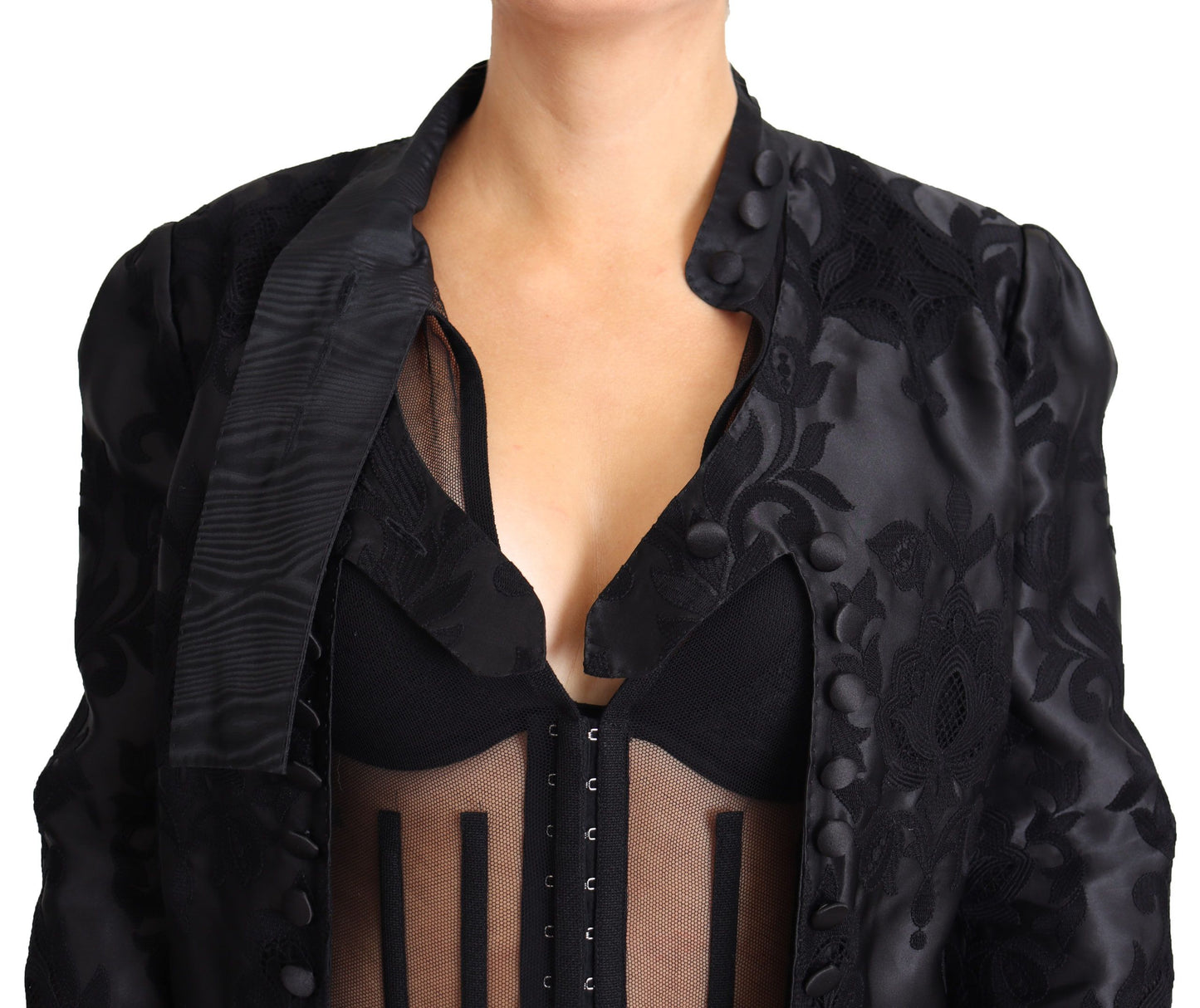 Dolce &amp; Gabbana – Schwarze, transparente Korsettjacke aus Organza-Seide mit Spitze