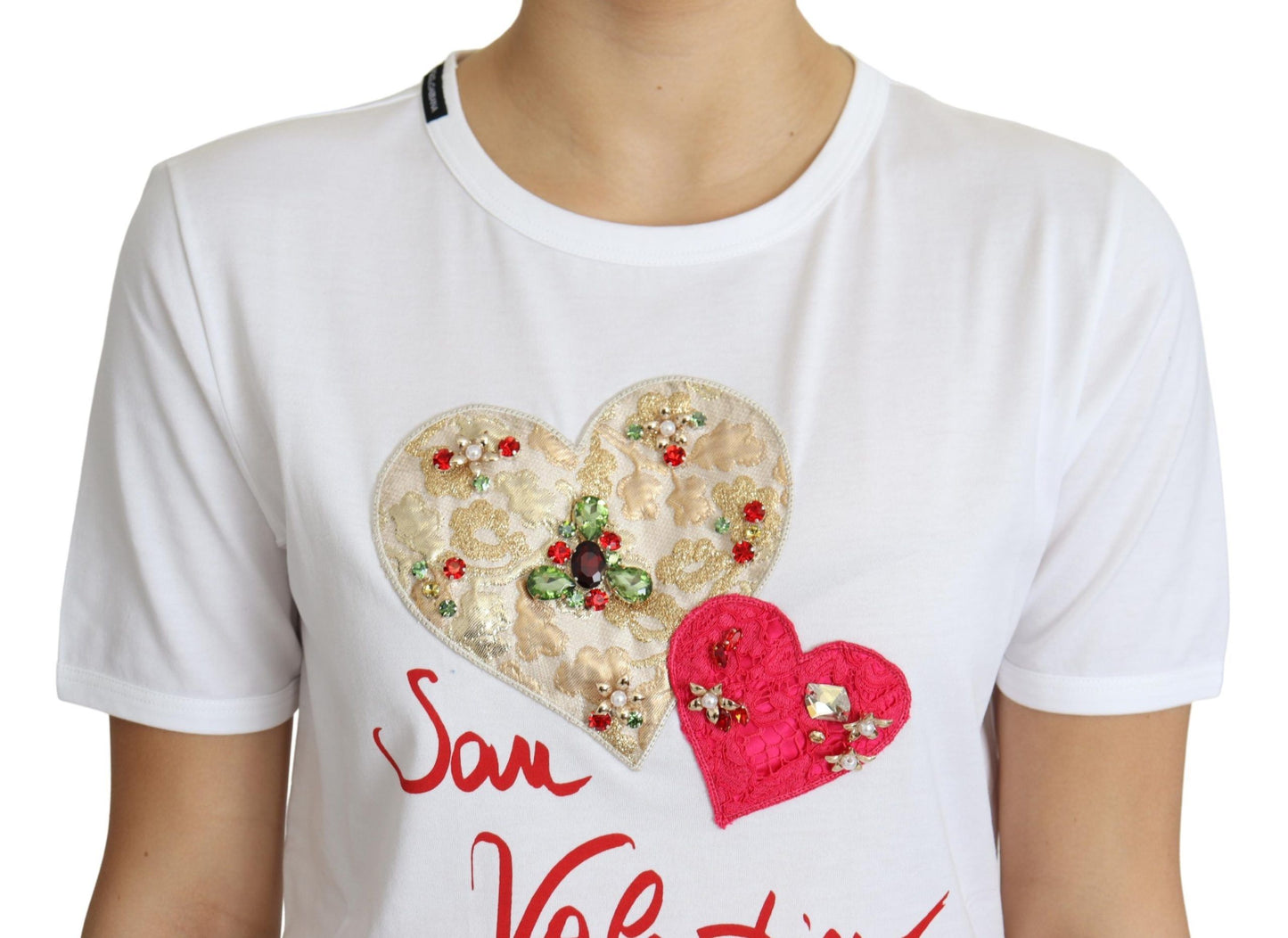 Dolce &amp; Gabbana – Weißes T-Shirt-Oberteil „San Valentino“ mit Herzkristallen