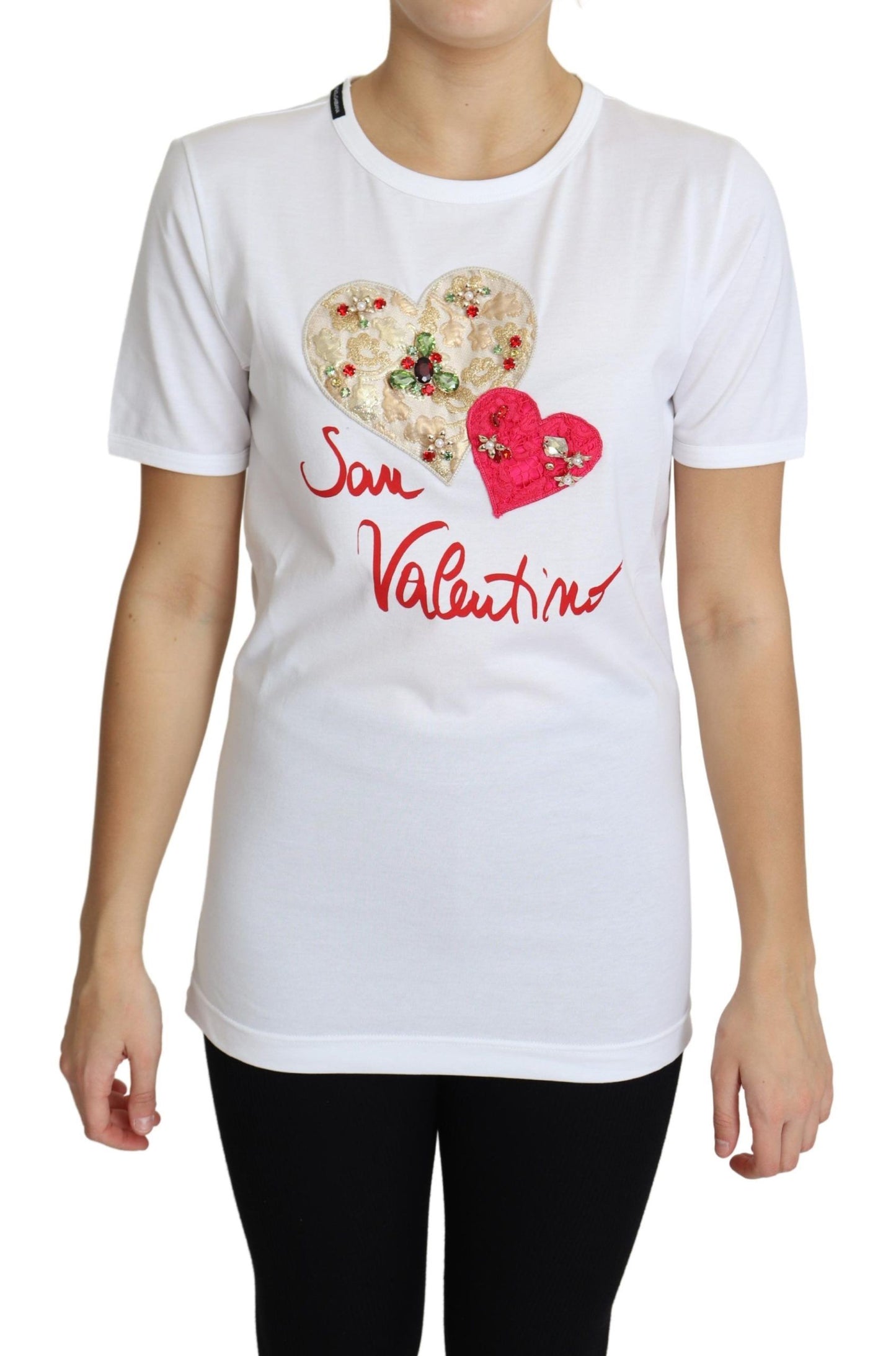 Dolce &amp; Gabbana – Weißes T-Shirt-Oberteil „San Valentino“ mit Herzkristallen