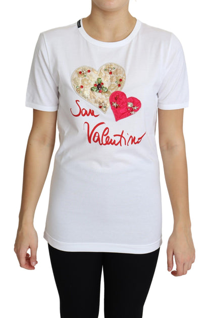 Dolce &amp; Gabbana – Weißes T-Shirt-Oberteil „San Valentino“ mit Herzkristallen