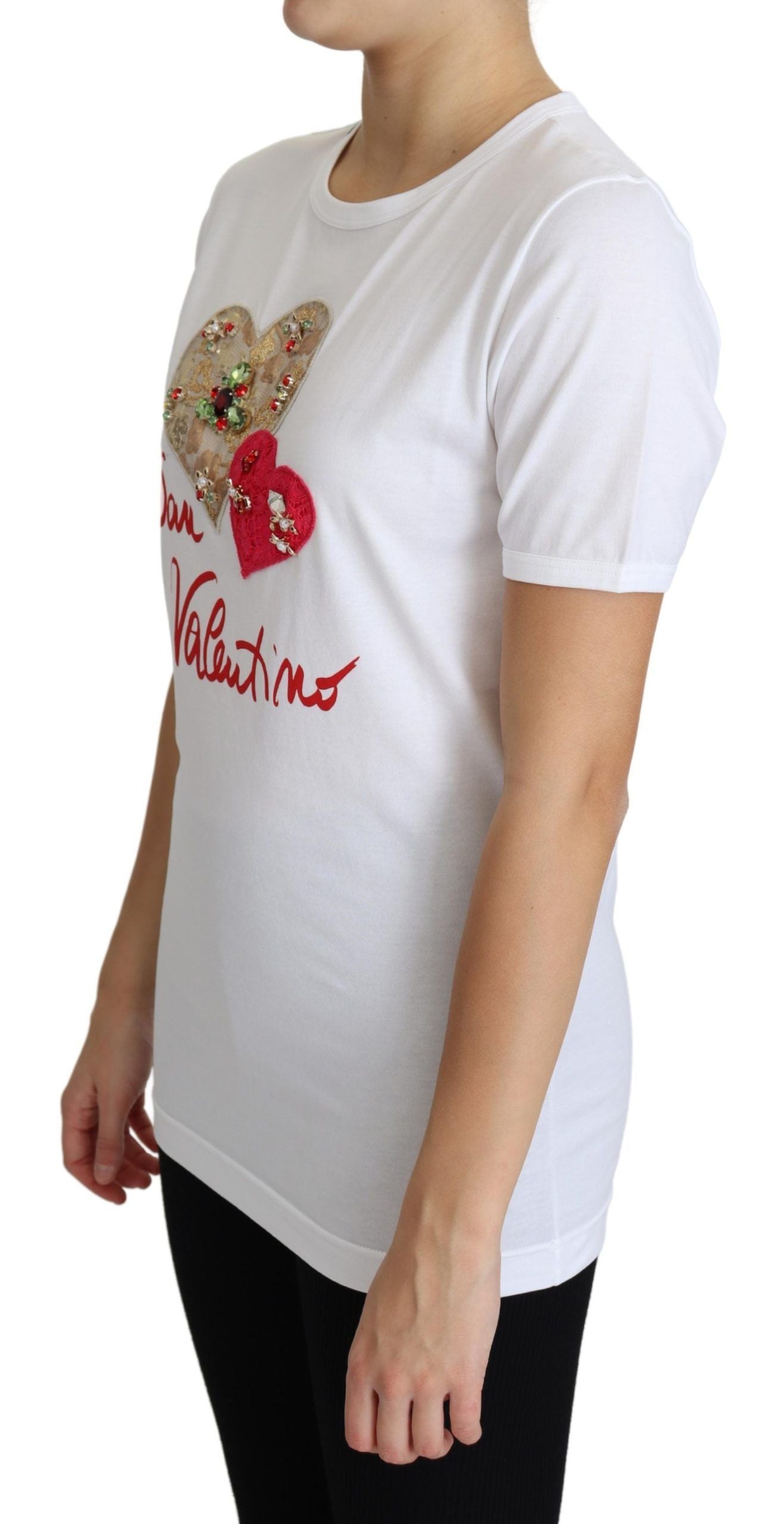 Dolce &amp; Gabbana – Weißes T-Shirt-Oberteil „San Valentino“ mit Herzkristallen