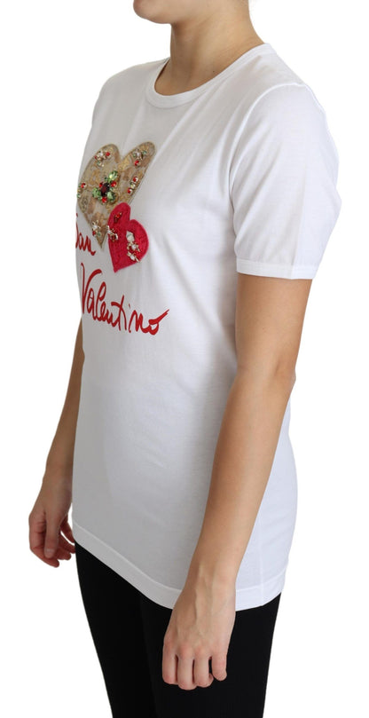 Dolce &amp; Gabbana – Weißes T-Shirt-Oberteil „San Valentino“ mit Herzkristallen